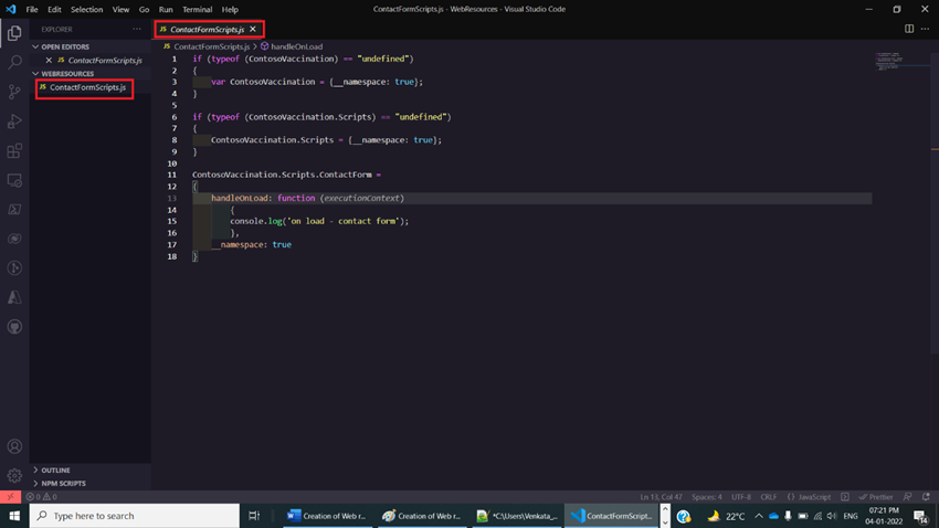 Creation of Web resource JavaScript Type in Dynamics CRM